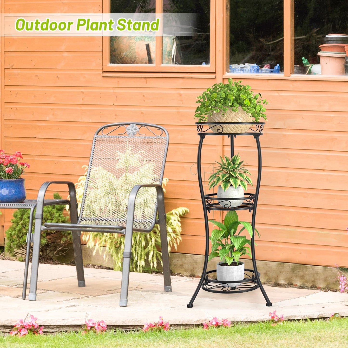 KMOTASUO 3 Tier Tall Metal Plant Stand, 33 Inch Plant Stands Indoor Outdoor, Rustproof Iron Flower Pot Holder Display Rack for Corner Patio Garden Balcony Living Room(Black)