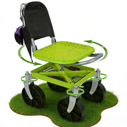 Outdoor Garden Stool with 360° Swivel Caster Wheels, Rolling Garden Cart with 360° Swivel Seat, Height Adjustment, Back Tool Pouch & Under-Seat Tray, Gardening Gifts for Women, Parents, Seniors