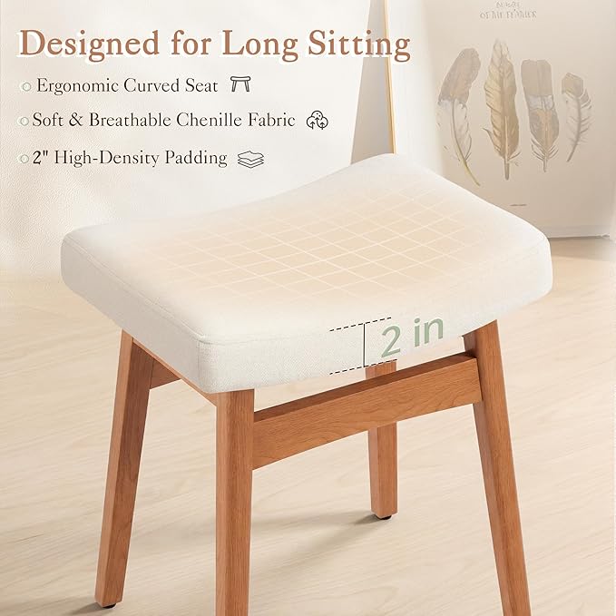LUE BONA Solid Wood Vanity Bench Stool, 17.3" H Ergonomic Saddle Stool