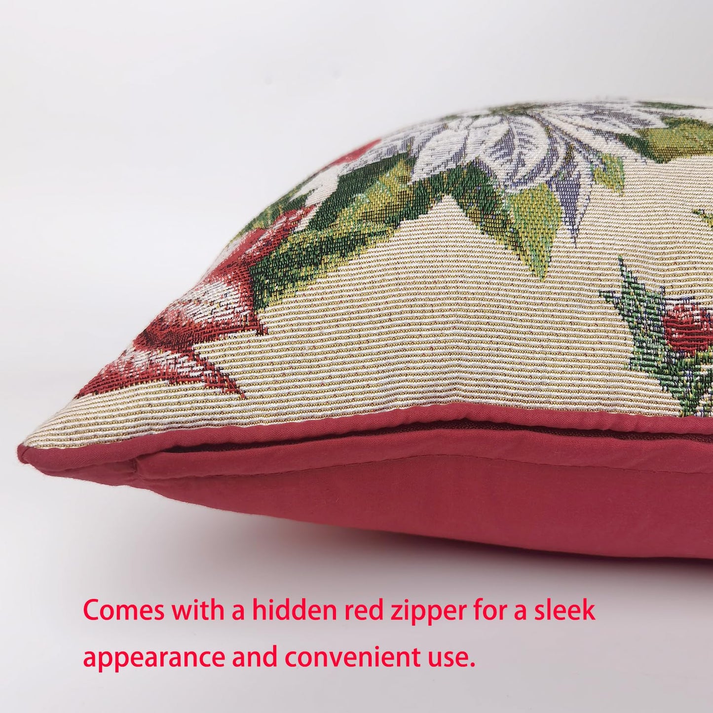 Christmas Tapestry Throw Pillow Cover 18x18 Inch - Festive Woven Jacquard Poinsettia & Holly Cushion Case - Red Piped Edges, Hidden Zipper - Decorative Holiday Home Decor for Sofa/Couch