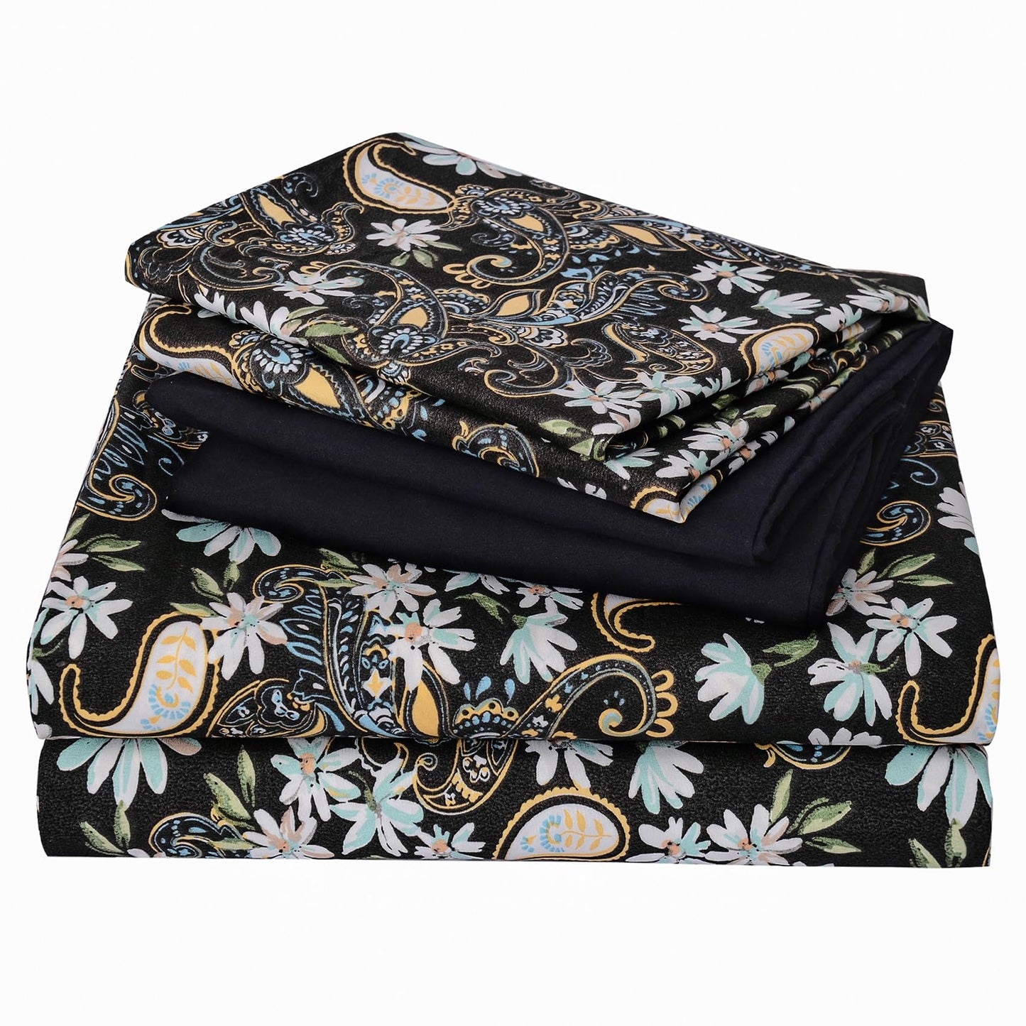 JSD Black Paisley Floral Sheet Set Queen Size 6 Piece, Printed Pattern Soft Microfiber Bed Sheets Extra Deep Pocket