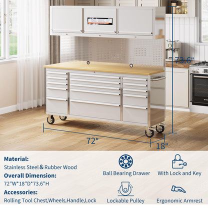 Garvee 72 Inch Rolling Tool Chest Workbench with Solid Wood Top, 15 Drawer Lockable Tool Storage Cabinet on Wheels, Heavy Duty Mobile Tool Box Cart for Garage, Workshop and Repair Shop