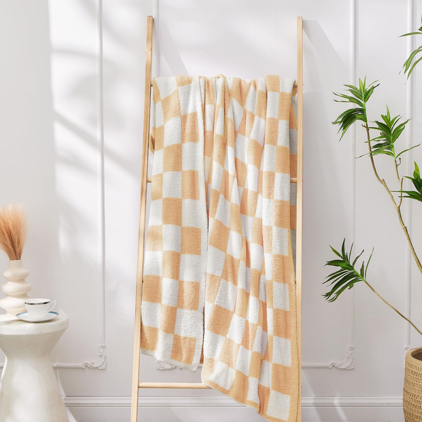 JOOJA Soft Cozy Checkerboard Peach Blanket Fluffy Knit Throw for Couch Plaid Checkered Blanket Peach 50x60 in