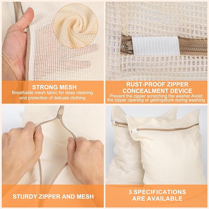 6-Piece Bag, Durable Cotton Mesh Laundry Bag, Sturdy Zipper, Breathable Mesh