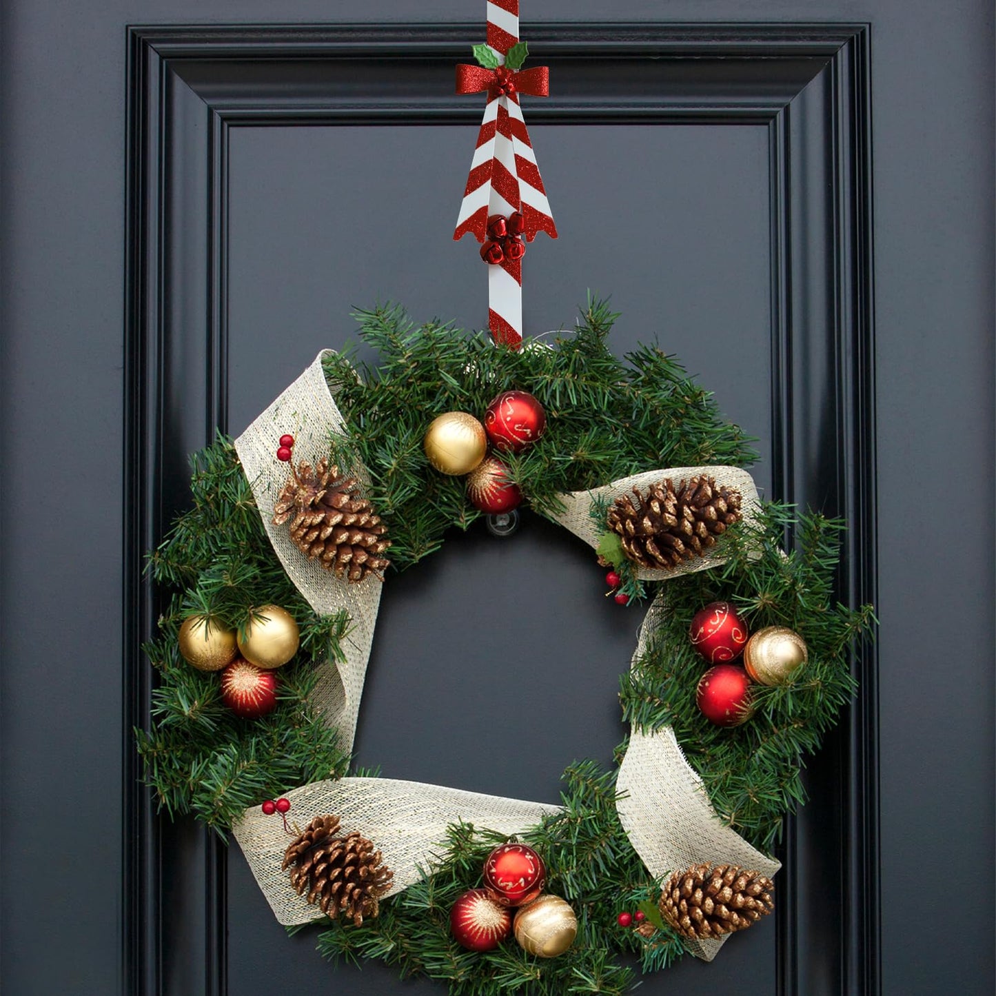WKHOMEDECO 2 Pack Candy Cane Wreath Hangers for Front Door,Christmas Decoration Metal Over The Door Wreath Hanger Ornament,Door Wreath Hanger