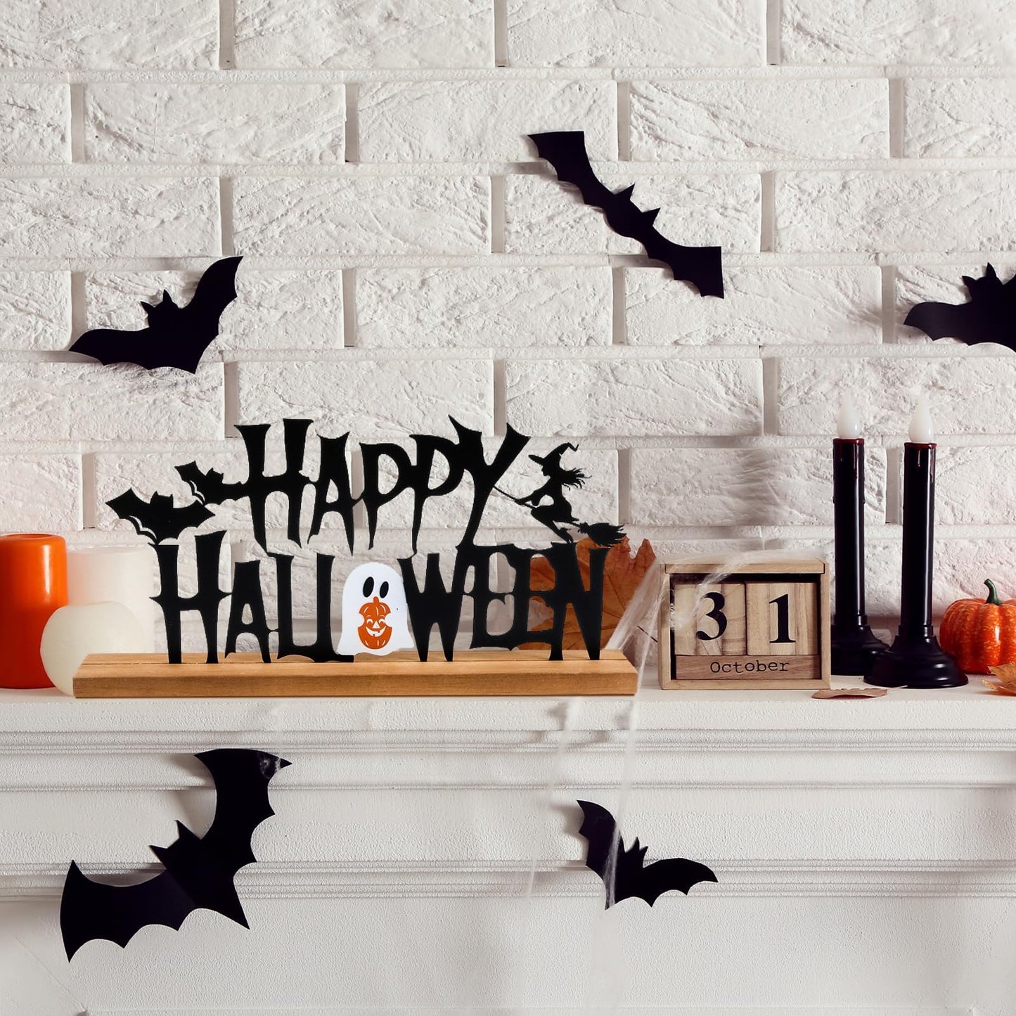 Metal Happy Halloween Sign Halloween Table Decor with Wooden Base Freestanding Rustic Table Decor for Indoor Home Tabletop Centerpiece Mantel Shelf Fireplace Decoration (Black)