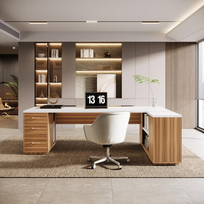 Tribesigns 85.8-Inch L-Shaped Executive Office Desk with File Drawers & Storage Cabinet, Professional Corner Computer Desk Extra Large Business Workstation with Adjustable Shelves (White&Walnut)