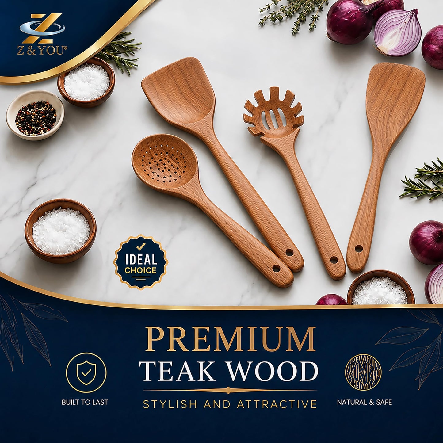 Extra-Large 4-Piece Teak Wooden Utensil Set – Non-Stick Wooden Spatula for Cooking, Skimmer Spoon & Spaghetti Spoon – Non Toxic Cooking Utensils
