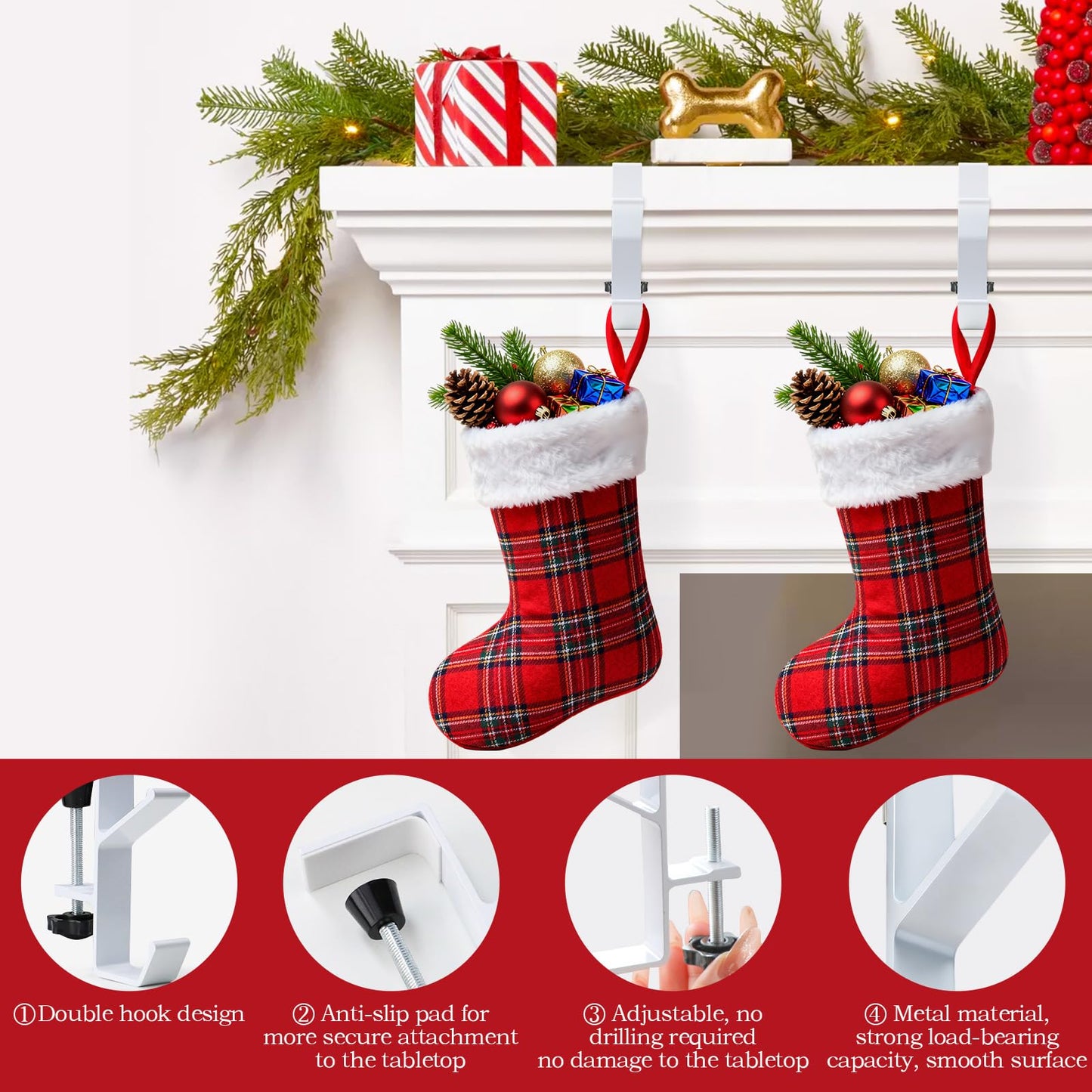 ANOEPUY 4 Pack Stocking Holders for Mantle for Christmas Decorations,2 in 1 Mantle Garland Holder for Hanging Christmas Stockings,No Drilling Required & Adjustable Garland Hanger, Metal(White)