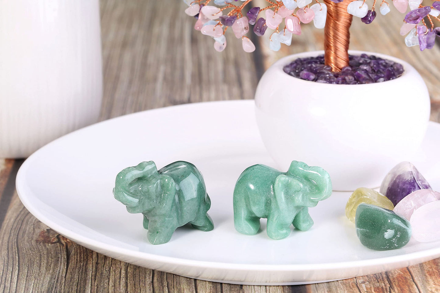Jovivi 2 Pcs Natural Carved Healing Gemstones Crystal Elephant Figurines Statues 1.5'' Home Room Decor Desk Decoration Christmas Ornaments in Gift Box - Green Aventurine