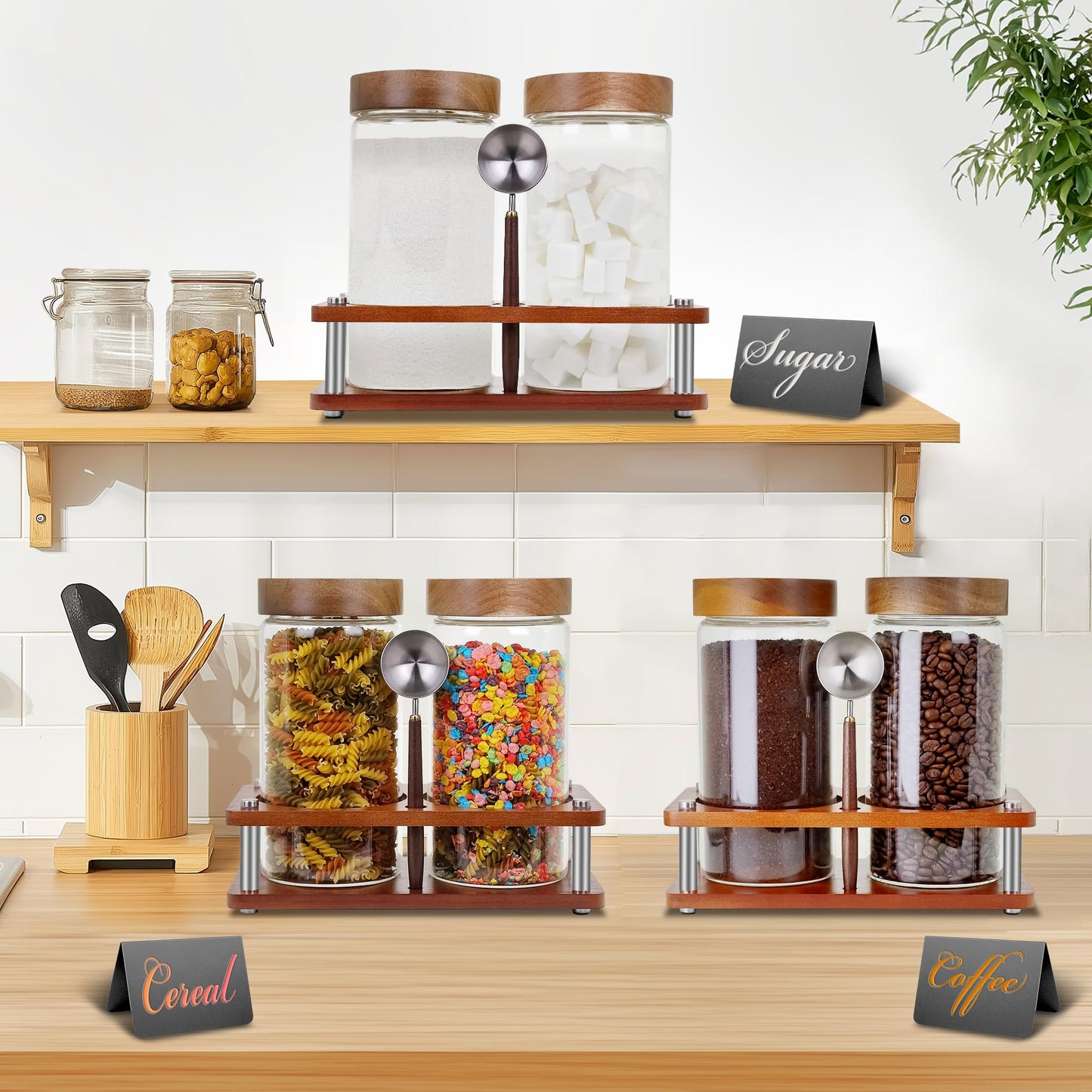 Venuekkuri Glass Coffee Grounds Container with Shelf, 2 × 45 oz Glass Coffee Canisters with Airtight Thread Lid, Storage Jars with Stainless Steel Spoon for Coffee Bean, Sugar,Nut