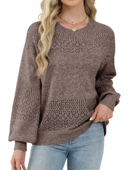 Lylinan Womens Sweaters Casual Boho Long Sleeve Shirts Crewneck Lightweight Crochet Tops Pullover Knit Sweater