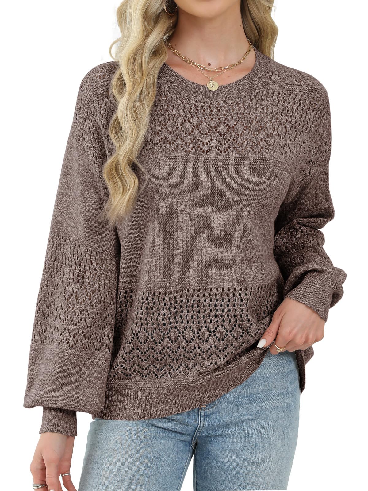 Lylinan Womens Sweaters Casual Boho Long Sleeve Shirts Crewneck Lightweight Crochet Tops Pullover Knit Sweater