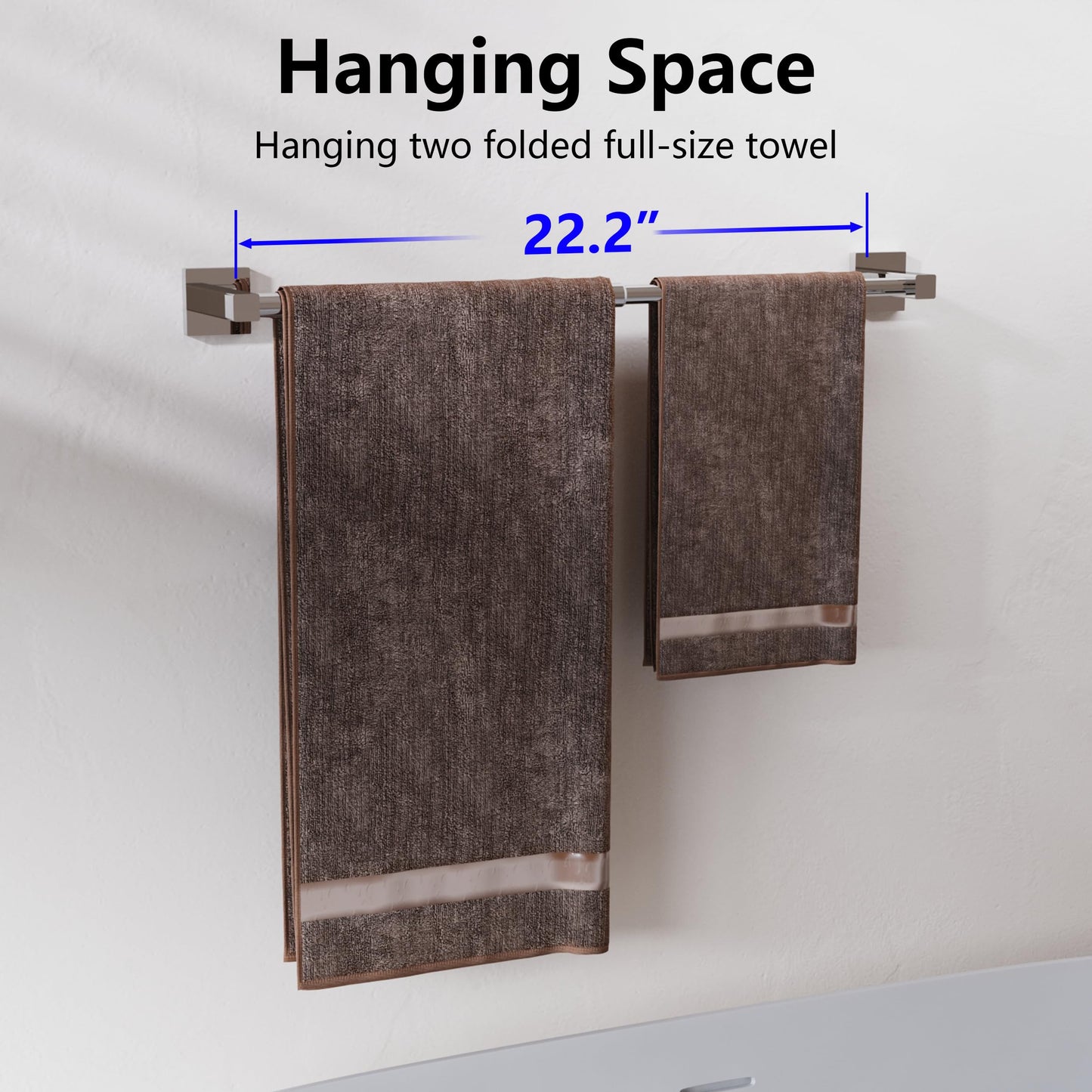 MIROAMZ Towel Bar, Adjustable 12.7inch to 23.2inch Wall Mounted Towel Rack for Bathroom, Kitchen, SUS 304 Stainless Steel Towel Rod with Square Base (Chrome)