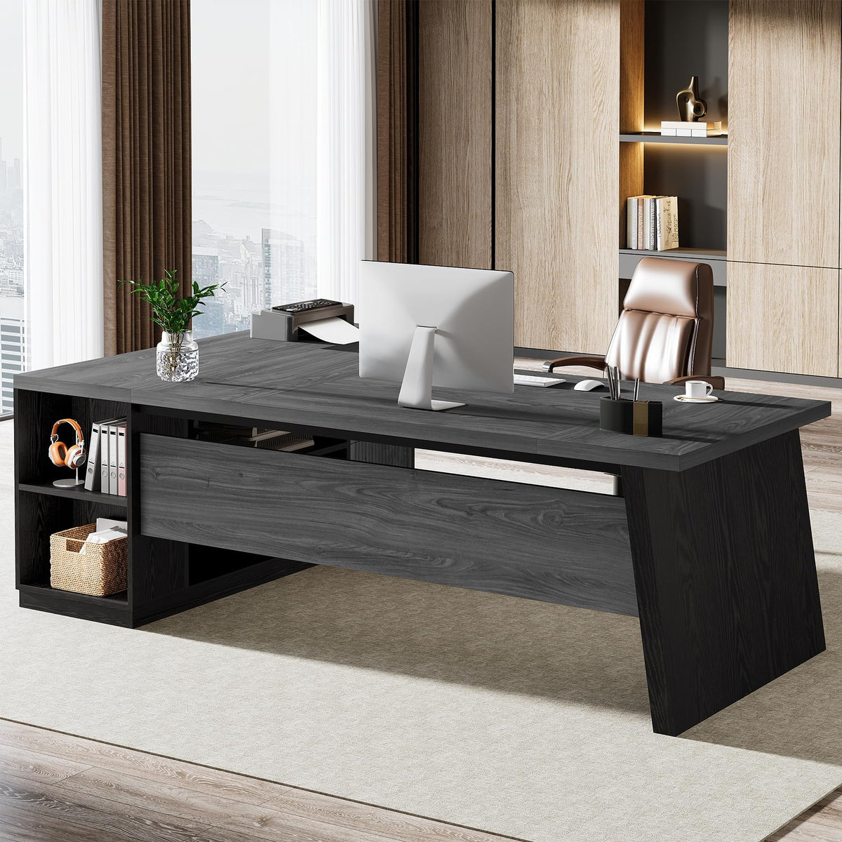 Tribesigns 78" L Shaped Desk with Drawers, Lage Office Desk with Storage Shelves, Modern Corner Computer Desk for Home Office (Gray and Black)