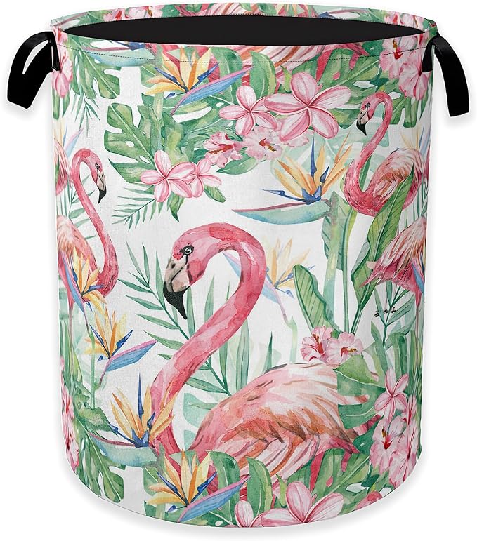 Watercolor Flamingo Laundry Hamper, Tropical Flower Leaves Clothes Hamper