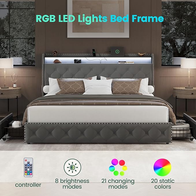 LARMACE King Bed Frame with 4 Storage Drawers and USB Charging Station Velvet