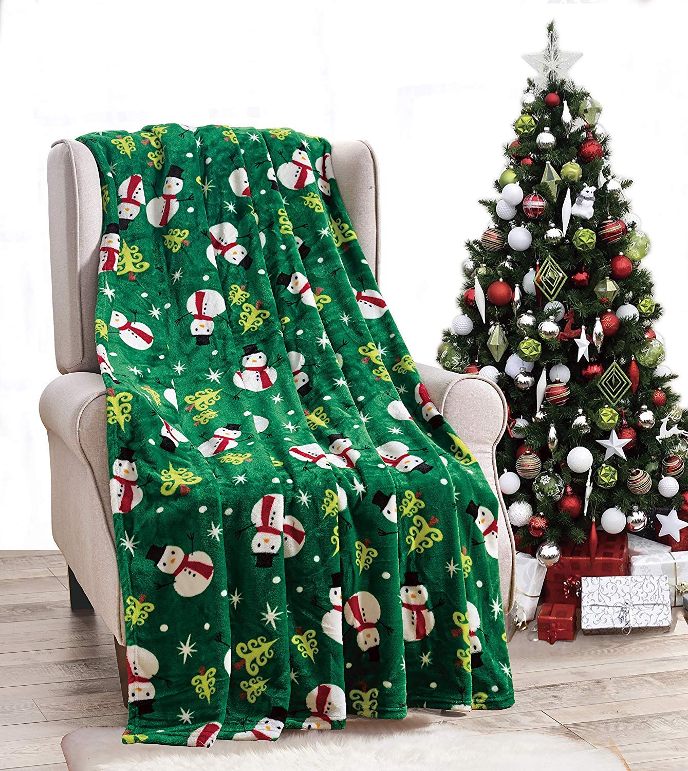 Valerian Luxury Velvet Touch Ultra Plush Christmas Blanket Soft, Warm, Cozy Holiday Printed Fleece Throw/Blanket - 50" x 60inch, Green Snowman