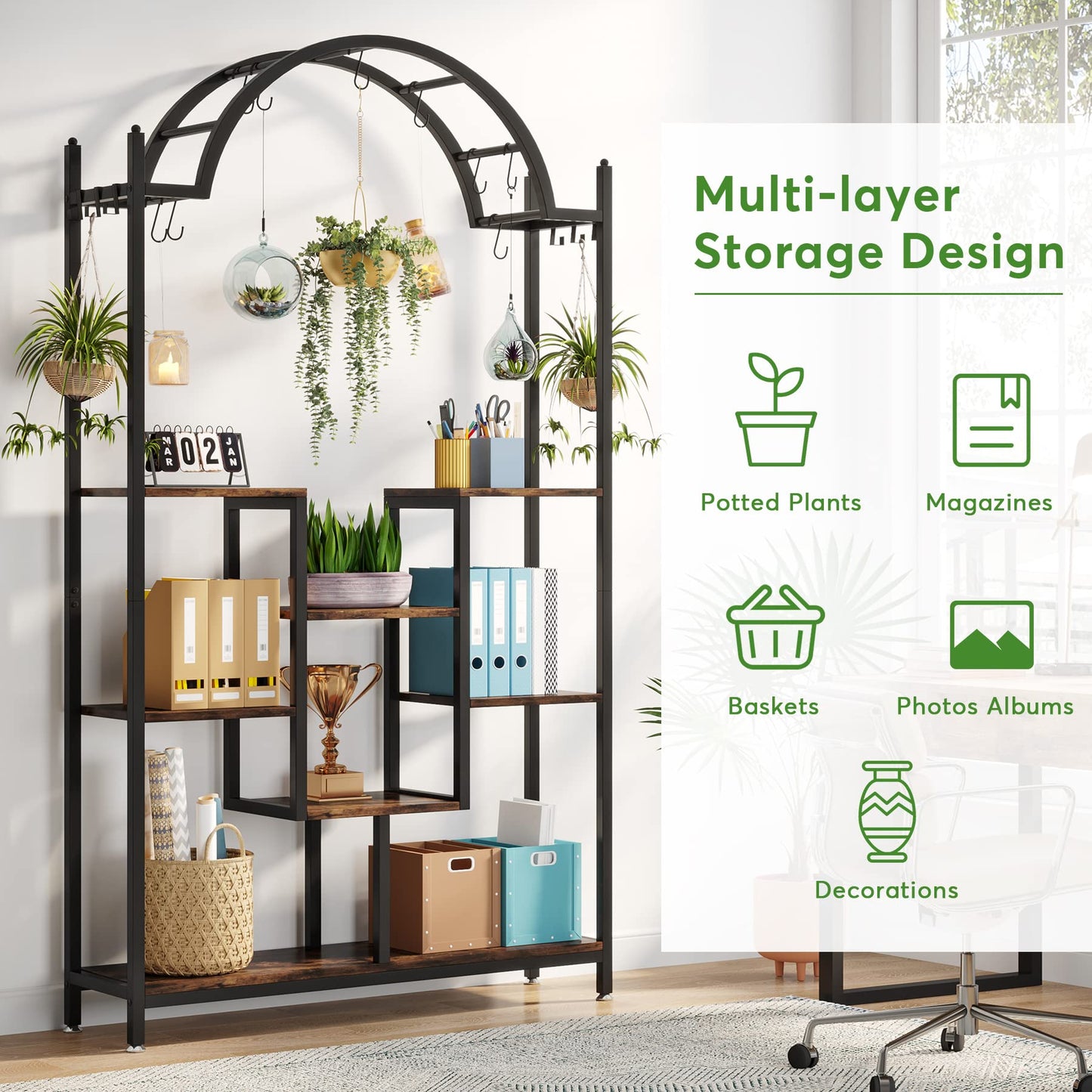 Tribesigns 5-Tier Tall Indoor Plant Stand, 74.8'' Arched Metal Flower Shelf with Hanging Hooks, Large Bonsai Pots Display Rack for Indoor, Balcony, Living Room