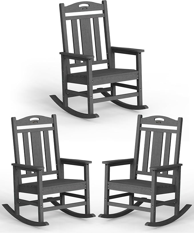Ciokea Oversized Outdoor Rocking Chairs Set of 3, 380lbs Heavy-Duty Large Patio Rocker, High Back Cozy Porch Chairs, Weather Resistant Patio Rocking Chairs for Outside, Fire Pit, Deck, Dark Grey