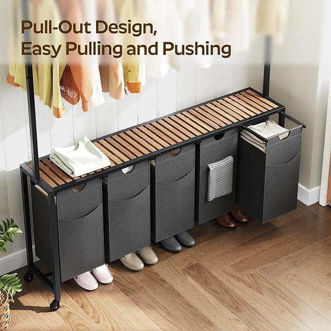 Laundry Hamper, Laundry Sorter 5 Section, Rolling Laundry Basket, Laundry Sorter
