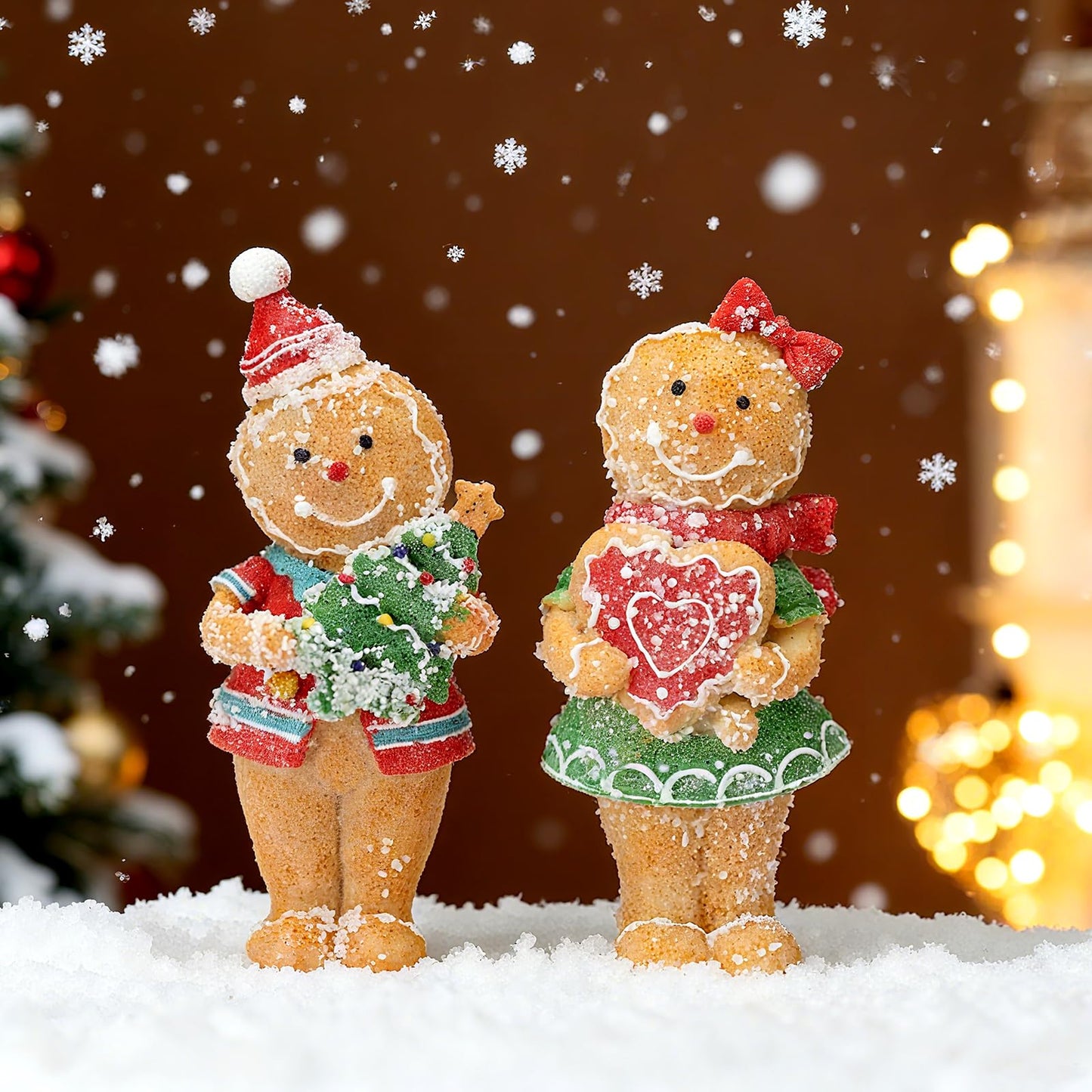 Moucuny 2 Pieces Christmas Gingerbread Decorations Cute Christmas Resin Gingerbread with Chef Hat Candy Bow Scarf Snowman Table Decor for Home Kitchen