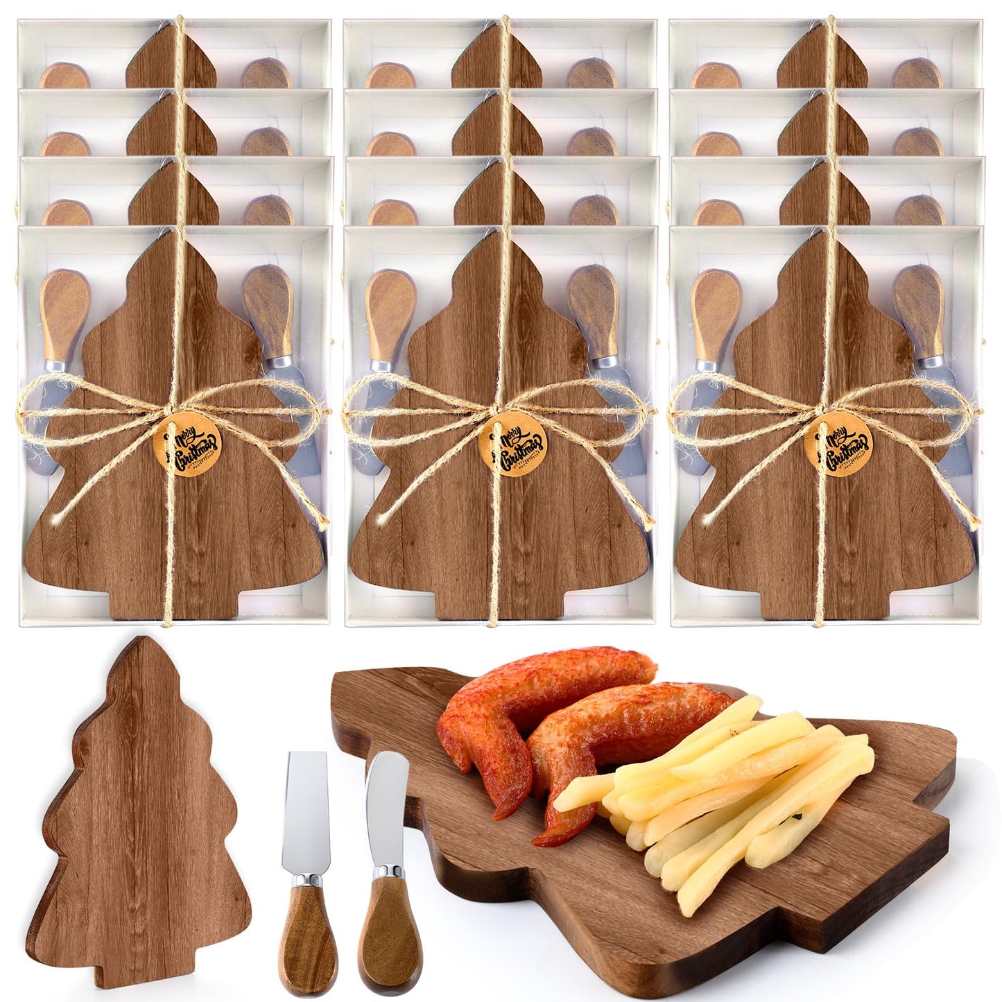 Teenyyou 12 Pcs Christmas Tree Cutting Boards Gift with Cheese Knives Bulk Xmas Charcuterie Board for Kitchen Wooden Bread Serving Tray Platters for Holiday Party Decoration(Acacia Wood)