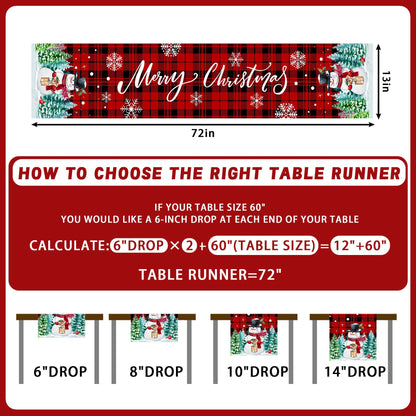 pinata Christmas Table Runner, Christmas Runner for Table 72 Inches, Xmas Snowman Red Buffalo Plaid Runners for Home Dining Kitchen Decor