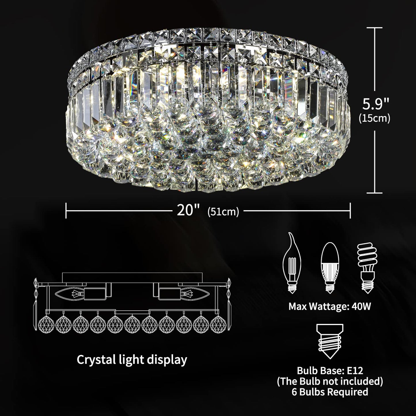 CEENLI 6-Lights Crystal Flush Mount Chandelier Light Fixture with K9 Crystals Modern Ceiling Lights Elegant Pendant Lamp for Bedroom,Hallway,Bar,Living Room,Dining Room,H5.9 xW20 (Bulbs Not Included)