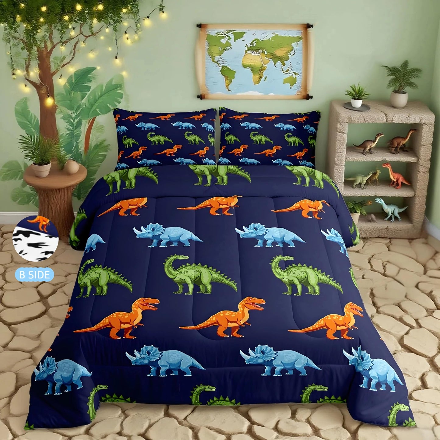 Feelyou Cartoon Dinosaur Bedding Set Queen, Dark Blue Dinosaur Comforter Set for Kids Dinosaurs Print Comforter Boys Girls Jungle Dino Duvet Set Breathable Bedroom Decor with 2 Pillow Case