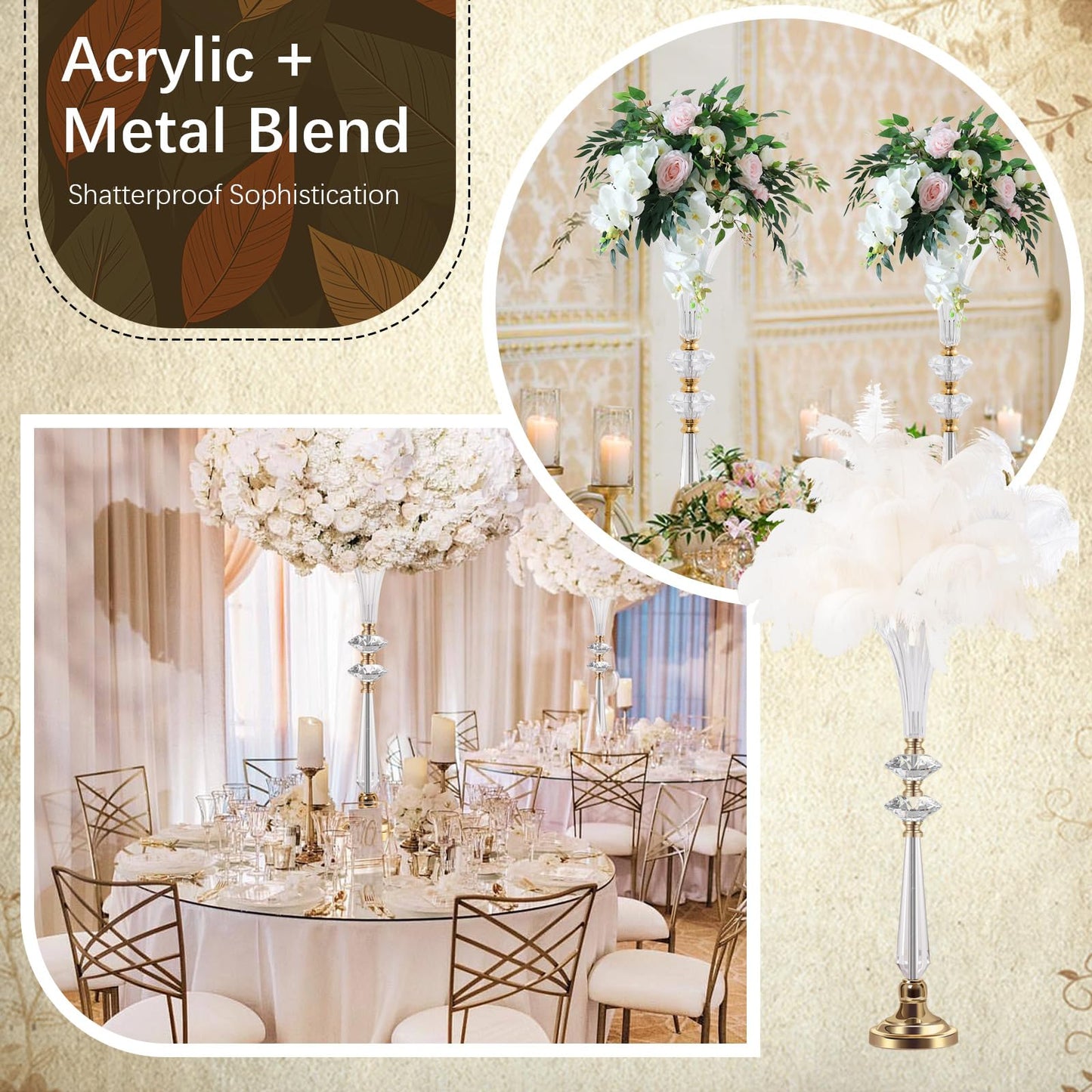 VIJIV Tall Crystal Acrylic Flower Vases for Centerpieces, 26.2" Large Clear Decorative Trumpet Vases, Wedding Flower Stand with Ribbed, Table/Floor Vase for Bridal Showers & Dining Room, Home Décor
