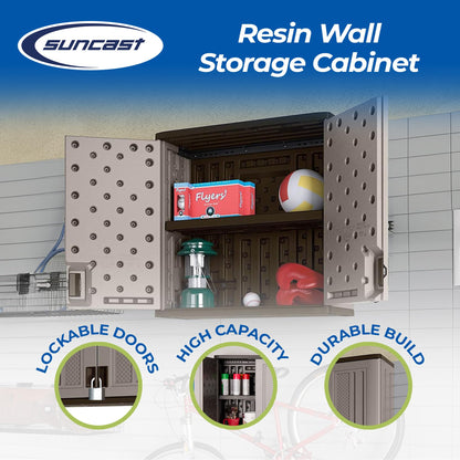 Suncast Wall Storage Cabinet for Garage Organization - 4 Cu. Ft. Wall Mounted Garage Cabinet with Shelf for Garden Supplies, Paint Cans & Outdoor Tools, Multi-Wall Resin Construction, Platinum