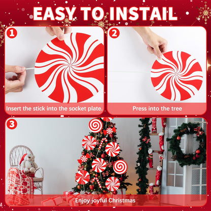 12Pcs Large Peppermint Lollipop Candy Cane Christmas Tree Picks Red and White Candy Shaped Xmas Tree Toppers Ornaments Decorations for Wreath Vase Home Office Holiday Party Supplies