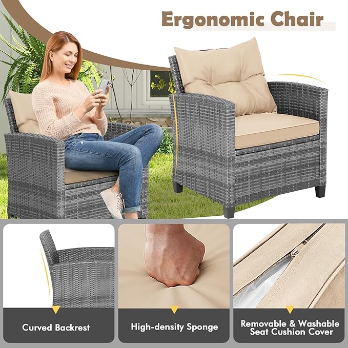 COSTWAY 3PCS Patio Furniture Set, PE Rattan Wicker Sofa w/Washable Cushion and