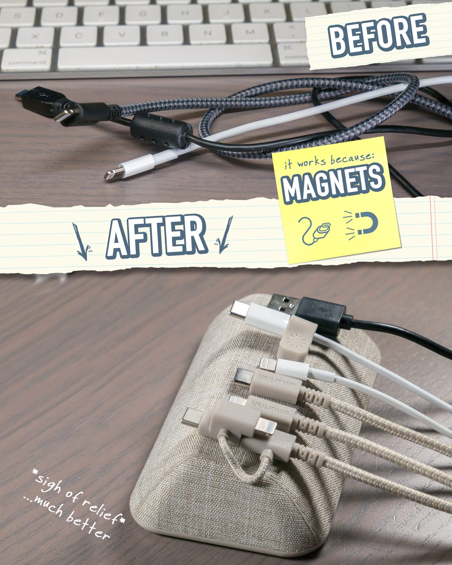 Smartish Magnetic Cord Holder - Bigger Cable Wrangler Organizer with Magnet Clips for Charger Management on Desktop, Nightstand, or Side Table - Holds 6+ Cables - Lightly Toasted Beige