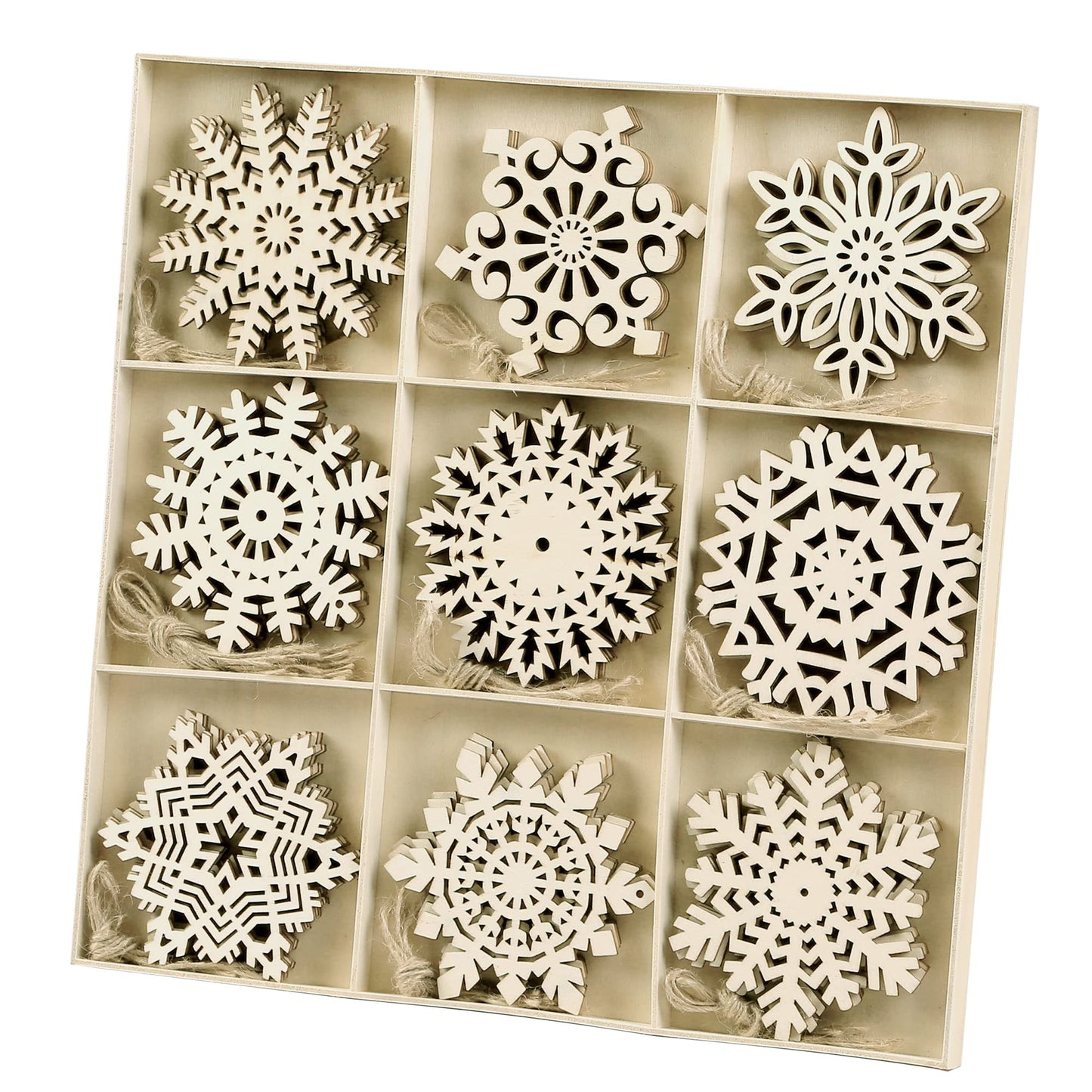 Sggvecsy Unfinished Wooden Snowflakes Ornaments, 36Pcs Christmas Tree Hanging Decoration Wood Cutouts DIY Craft Snowflake Shaped Embellishments Xmas Rustic Crafts with Twine (4 inch)