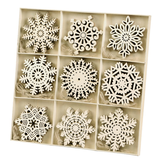Sggvecsy Unfinished Wooden Snowflakes Ornaments, 36Pcs Christmas Tree Hanging Decoration Wood Cutouts DIY Craft Snowflake Shaped Embellishments Xmas Rustic Crafts with Twine (4 inch)