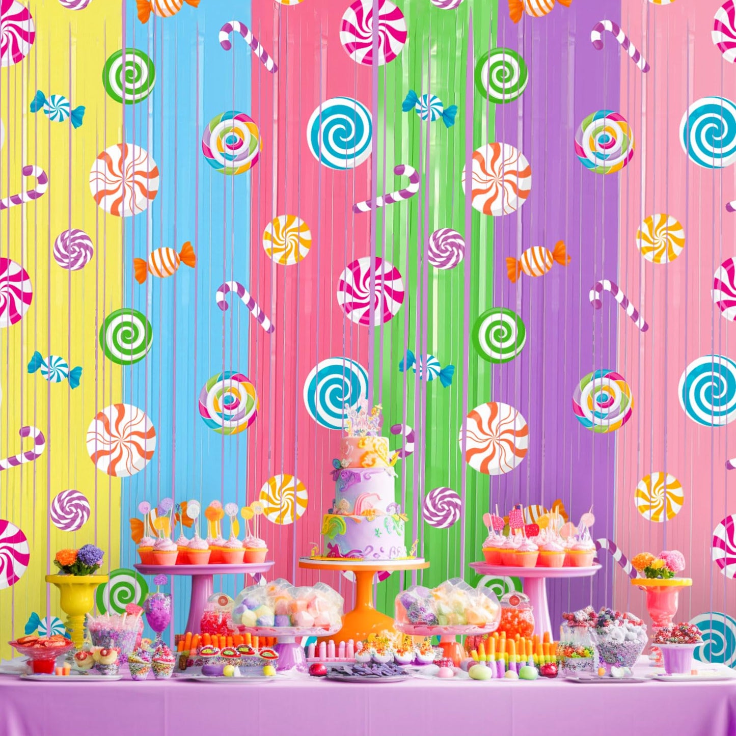 Blosssound Candy Party Decoration with 2 Packs 3.3 x 6.6 ft Candy Foil Fringe Curtain and 97 Pcs Sweet Balloons Garland Arch Kit with Lollipop Foil Balloon for Birthday Party Decorations Supplies