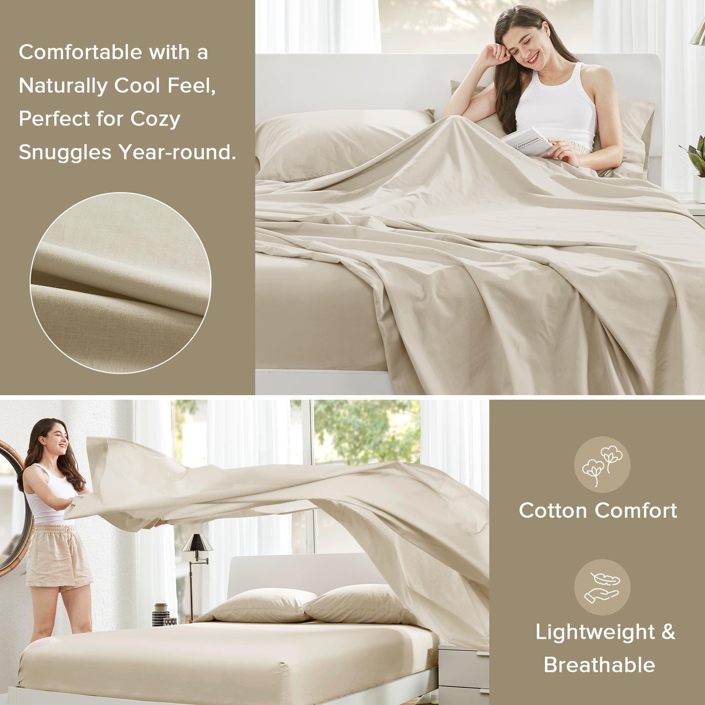 Comfort Spaces 100% Cotton Sheets Twin, Breathable & Ultra Soft Cotton Sheets, Naturally Cool Cotton Bed Sheets with 12" Elastic Pocket Fits up to 14" Mattress, All Seasons Sheet Set, Cream 3 Piece