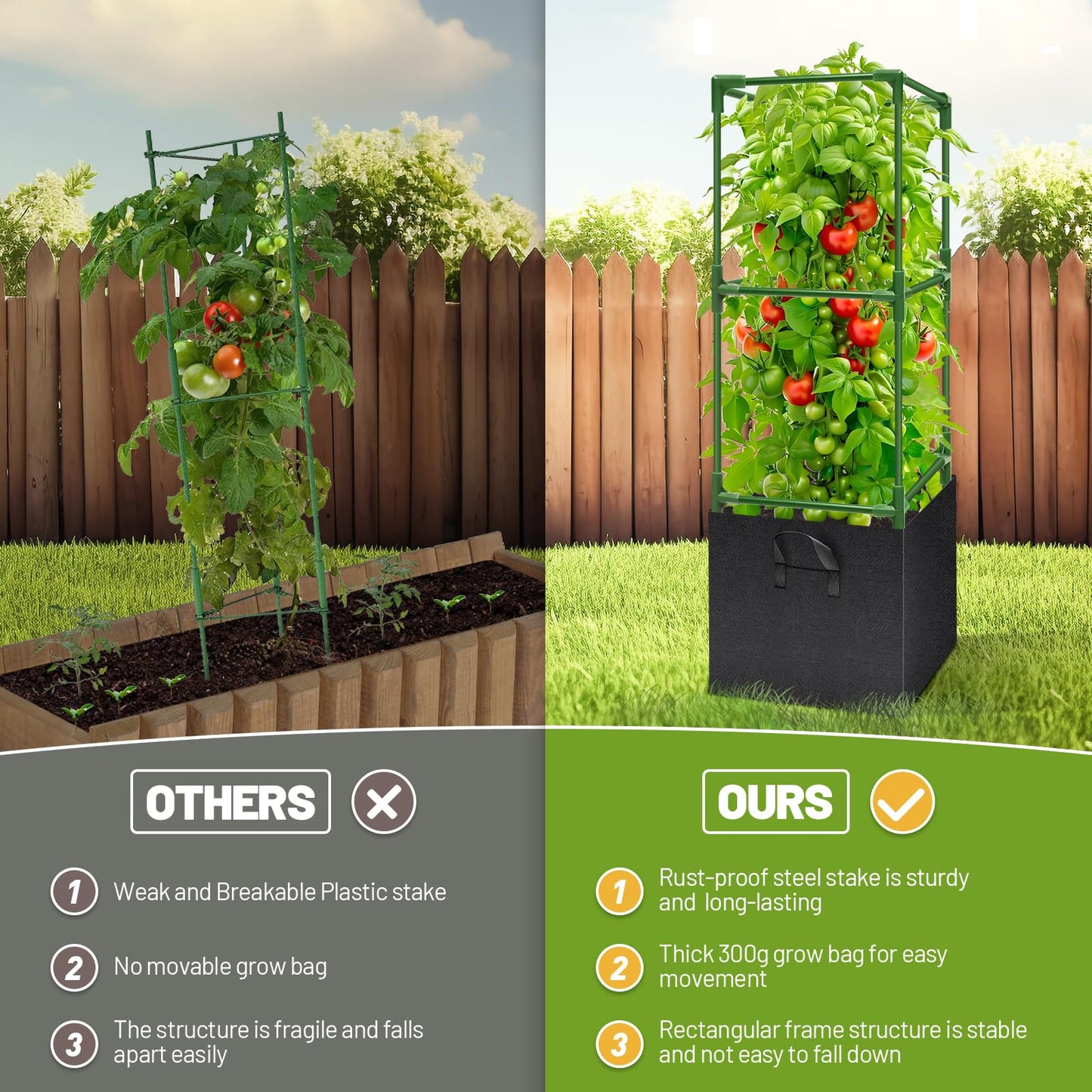 Legigo 2 Pack Tomato Cages with 17 Gallon Grow Bags- 47 Inch Square Tomato Cages for Garden, Heavy-Duty Tomato Stakes Plant Support Cages Trellis for Garden Vertical Climbing Plants Vegetables