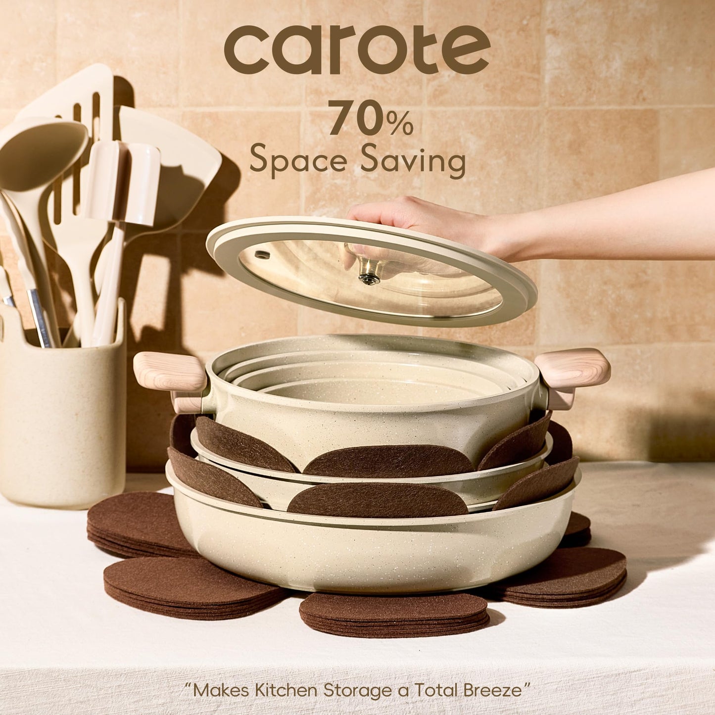 CAROTE 25PCS Ceramic Cookware Set, Pots and Pans set Non Stick, RV Kitchen Cooking Set Removable Handles, Oven Safe, Induction Cookware, Non-toxic Kitchen Cooking Set, PFAS and PFOA Free