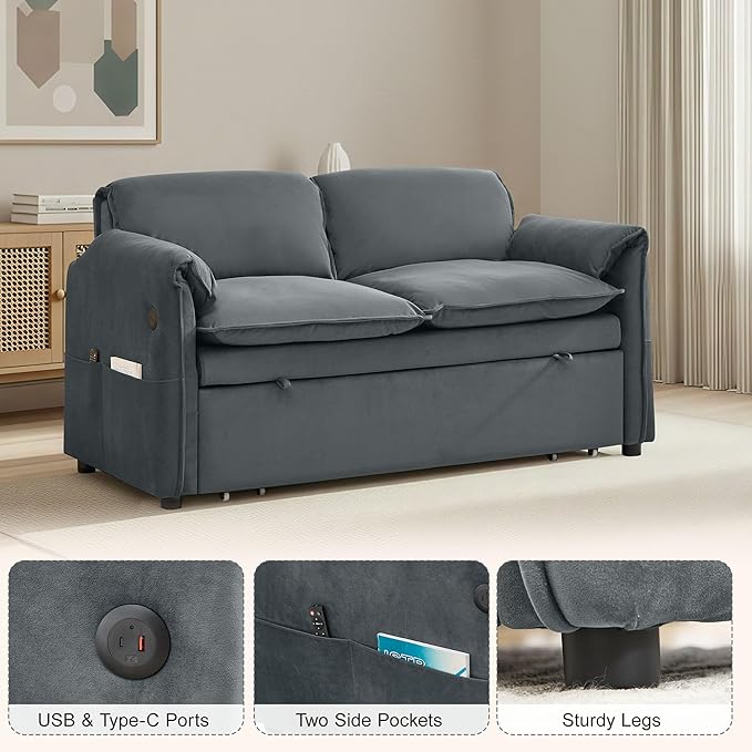 63" Velvet 3 in 1 Convertible Sleeper Sofa Bed, Pull Out Couch Bed Loveseat