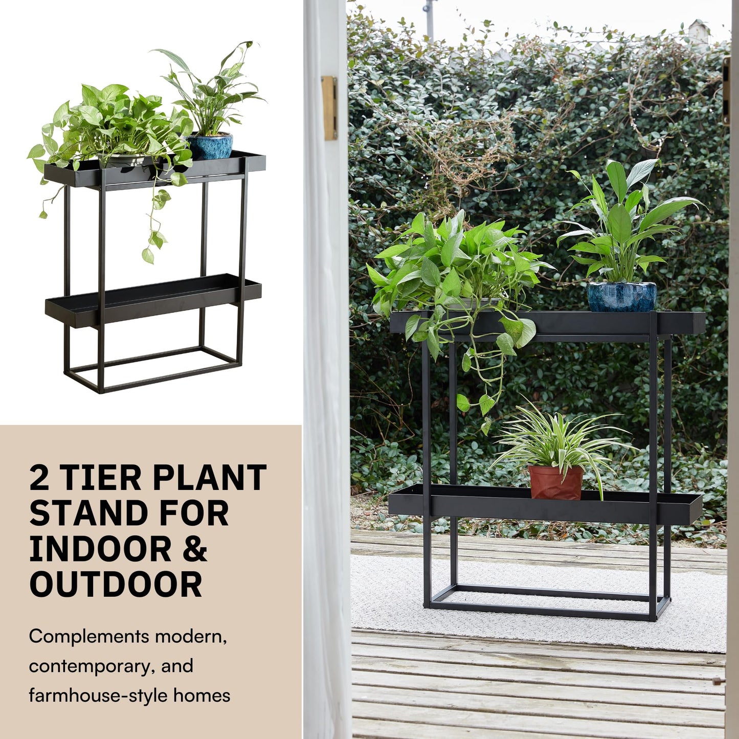 Levende Plante 2 Tier Plant Stand Indoor Outdoor - 29 x 9 x 28 Inches Plant Shelf for Home and Office Decor - Narrow Plant Stand for Lawn, Patio, Balcony and Living Room - Heavy Duty Iron - Black