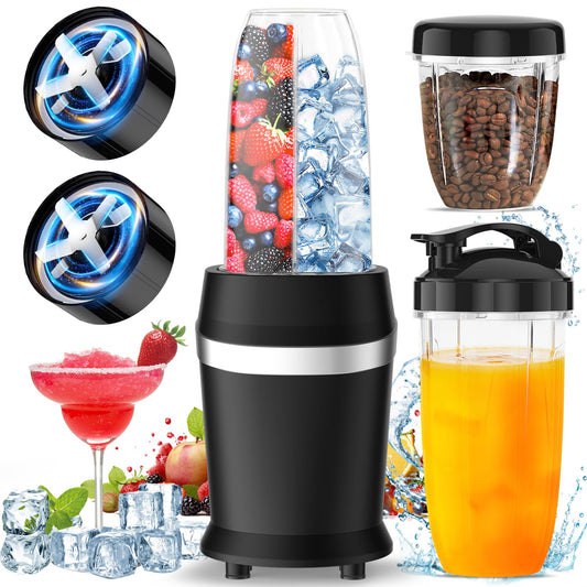 12-Piece Smoothie Blender Maker 25,000 RPM Personal Blender for Ice Crushing Smoothies & Frozen Drinks Nuts with 23oz, 32oz, 37oz Portable Cups Two 6-Leaf Stainless Steel Blades, Silver