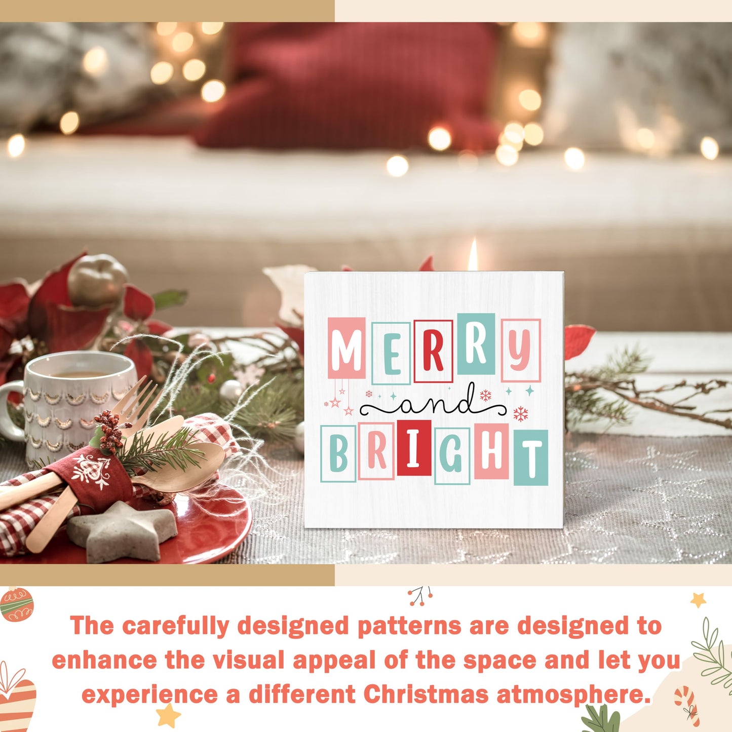 OXRUN Christmas Table Decorations, Merry and Bright Wooden Box Sign Decorative, Xmas Holiday Gifts for Women Men Home Office Shelf Decor 6 x 6 Inches - F09