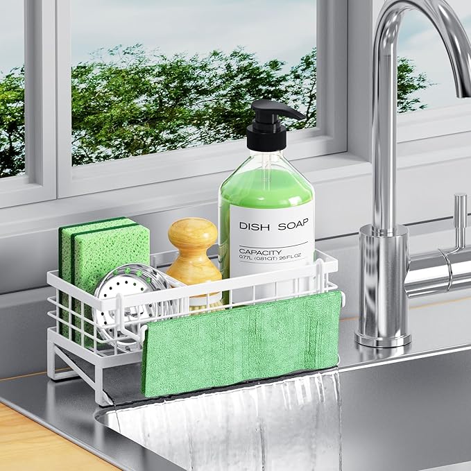 Self-Draining Kitchen Sink Caddy, Rustproof Non-Slip Sponge Holder