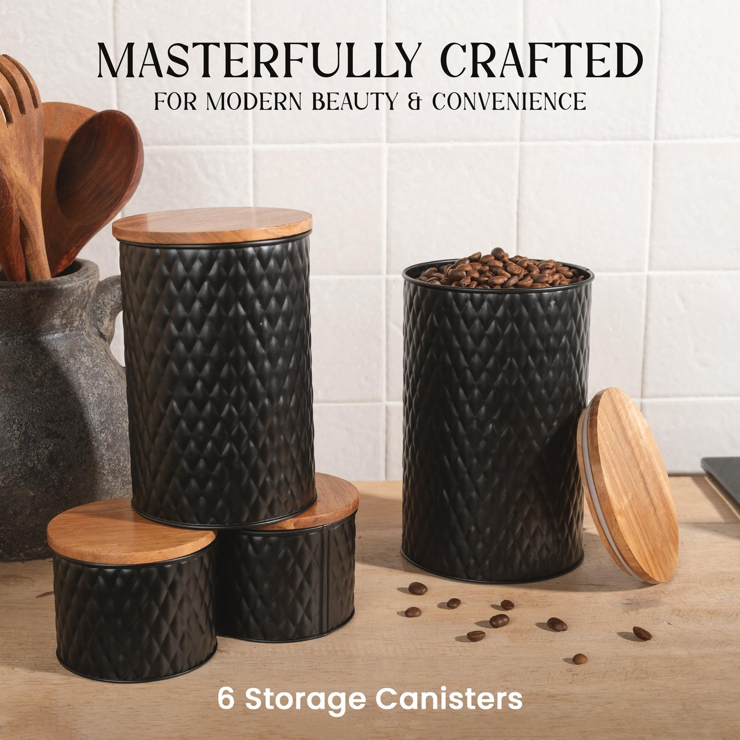 Alasitas 6 Canister Set for the Kitchen Countertop – Metal Food Storage Canisters with Airtight Lids for Flour, Tea, Crafts, Coffee, & Sugar – Container Set with Modern Wood Lids, Black