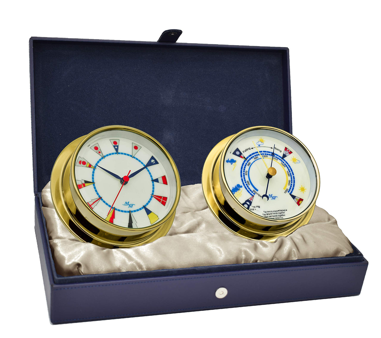 MASTER-MARINER American Voyager Collection, Nautical Cabin Gift Set, 5.75” Diameter Clock and Barometer Instruments, Gold Finish, Ivory Signal Flag dial