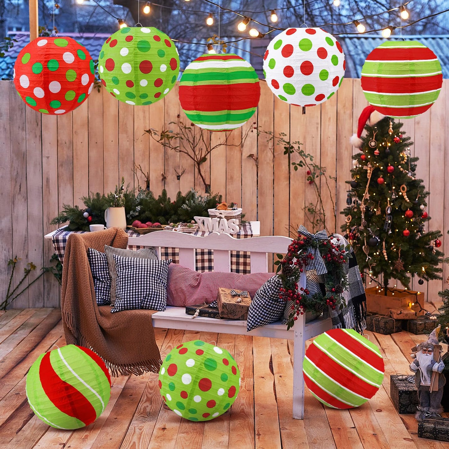 Glooglitter 12 Pcs 10" Red Green Paper Lantern Christmas Party Decorations Hanging Lantern Indoor Outdoor Decorative Christmas Round Ceiling Hanging Decor for Holiday Xmas Party Baby Shower Birthday