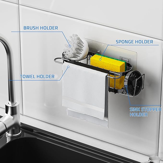 Cisily Kitchen Sink Caddy Sponge Holder in The Sink, Stainless Steel Kitchen